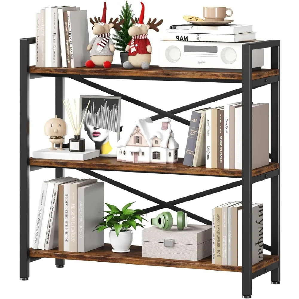 

3 Tier Bookshelf 31.49" Width, Wood and Metal Etagere Bookcase, Vintage Farmhouse Modern Wooden Big Book Shelf for Home Living