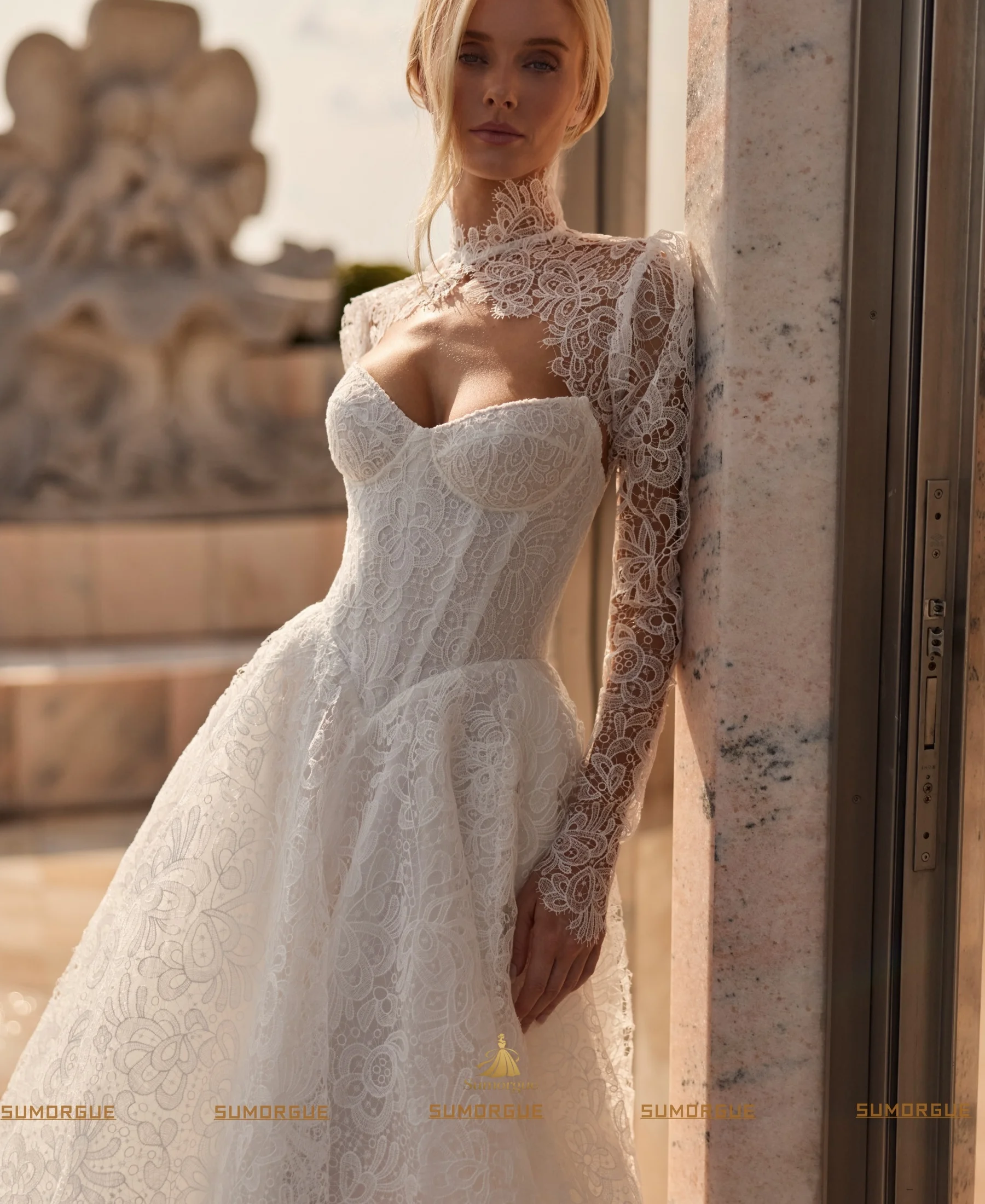 High Collar Phantom Lace Long Sleeve wedding Dress A-line Dress Church Train Retro Princess highend Customized Vestidos De Novia