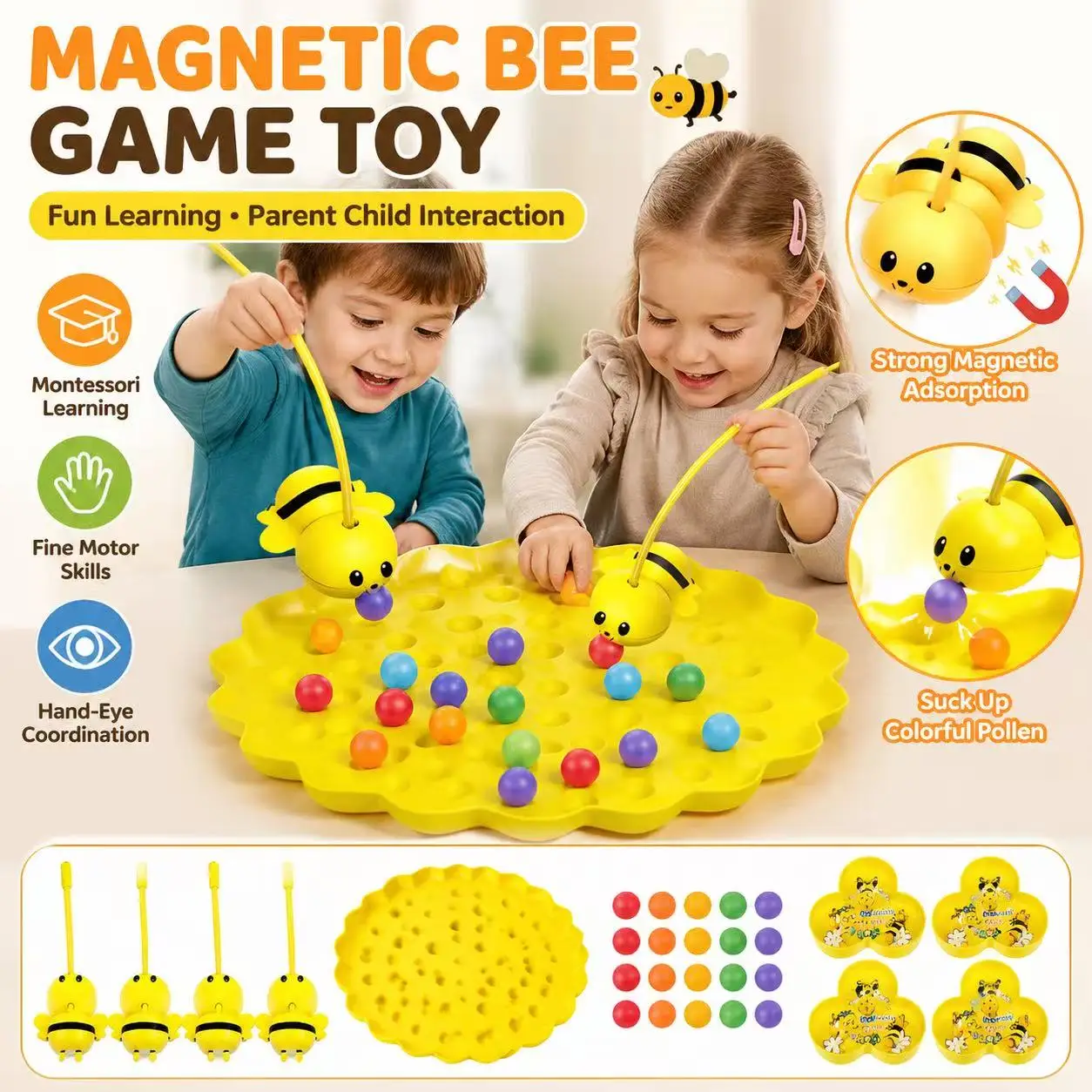 

Cute Bee Honey Collecting Magnetic Game, Fun Educational Toy for Kids, Parent Child Interactive Desktop Fishing Game
