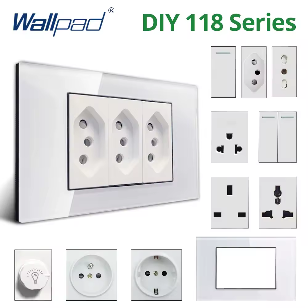 מתג קיר לוח זכוכית מחוסמת לבנה DIY Wallpad EU UK איטלקי ברזיל שקע חינם קומבינציה 118*75mm מודול מסגרת בלבד