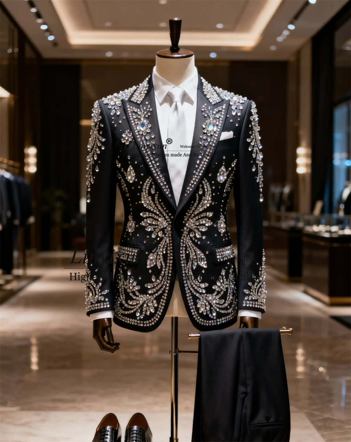 

High End Diamond Stones Men Suits 2 Pieces Sets Groom Male Prom Blazers Slim Fit Ropa hombre Outfit Customized Wedding Tuxedos