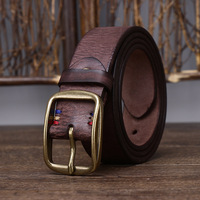 3.8 Wide Genuine Leather for Men's High Quality Jeans Brass Buckle Belts Cowboy Waistband Male Fashion Designer