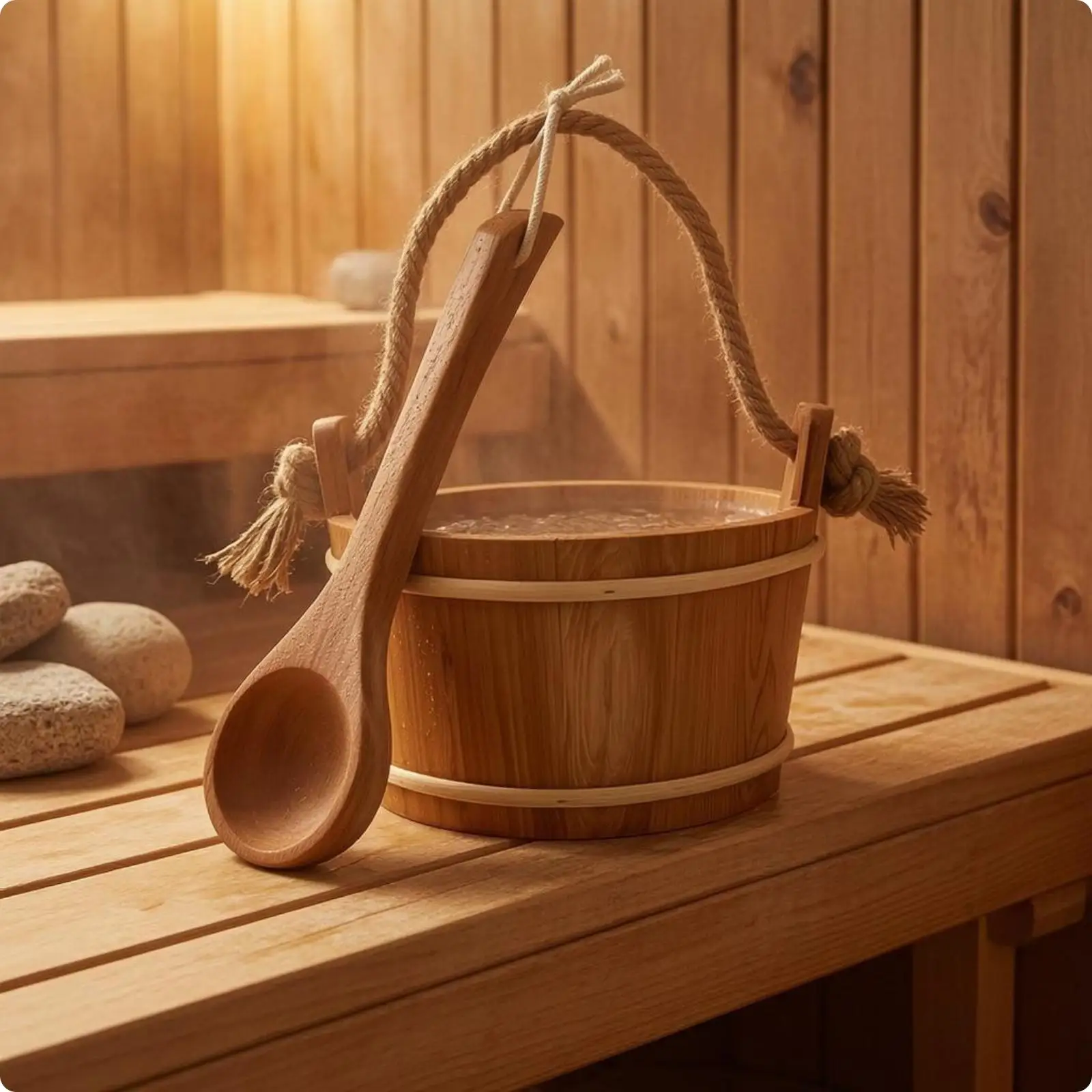 Sauna Pail and Ladle Set Round Shape Wooden Pail and Ladle Kit Rustic Design