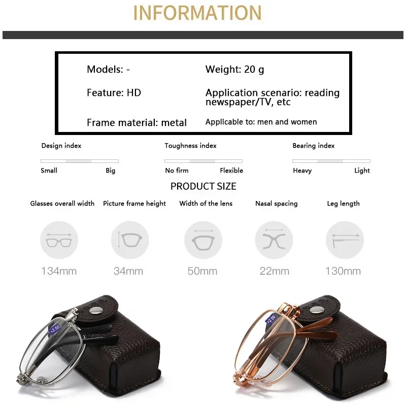 Portable Metal Foldable Reading Glasses Ultralight Men Business Presbyopia Glasses Eyewear With Random Case +0.5to+4.0