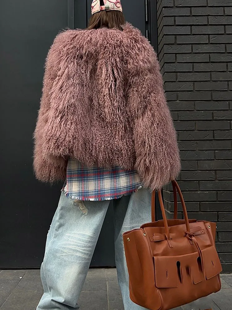 2024 New Burgundy Oversized Fluffy Faux Fur Coat Fashion Women Round Neck Long Sleeved Warm Jacket Winter Lady Loose Streetwear