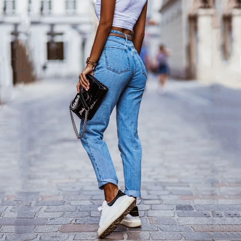 Jeans met hoge taille en rechte pijpen Lange damesbroek Katoen Stretch Denim Ritssluiting Veelzijdig seizoensgebonden lichtgekleurd