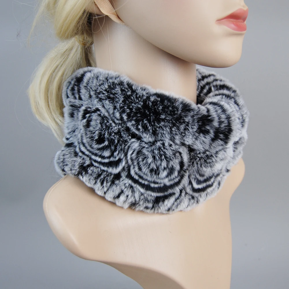 New Design Winter Women Real Fur Handmade Stretch Fur Scarf Knit Genuine Rex Rabbit Fur Headbands Girls Natural Fur Ring Scarves