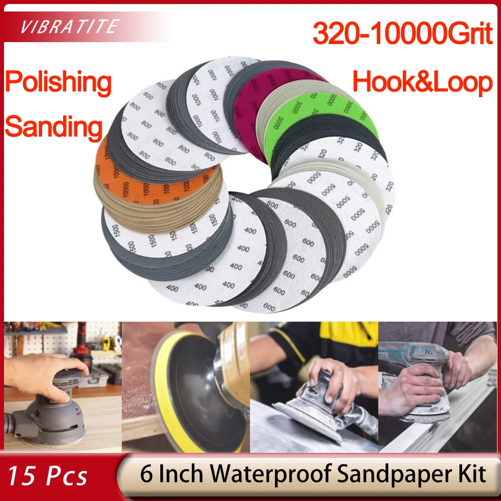 15Pcs 6 Inch (150mm) Waterproof Hook & Loop Sandpaper 320-10000 Grit for Wet/Dry Sanding Grinder Polishing