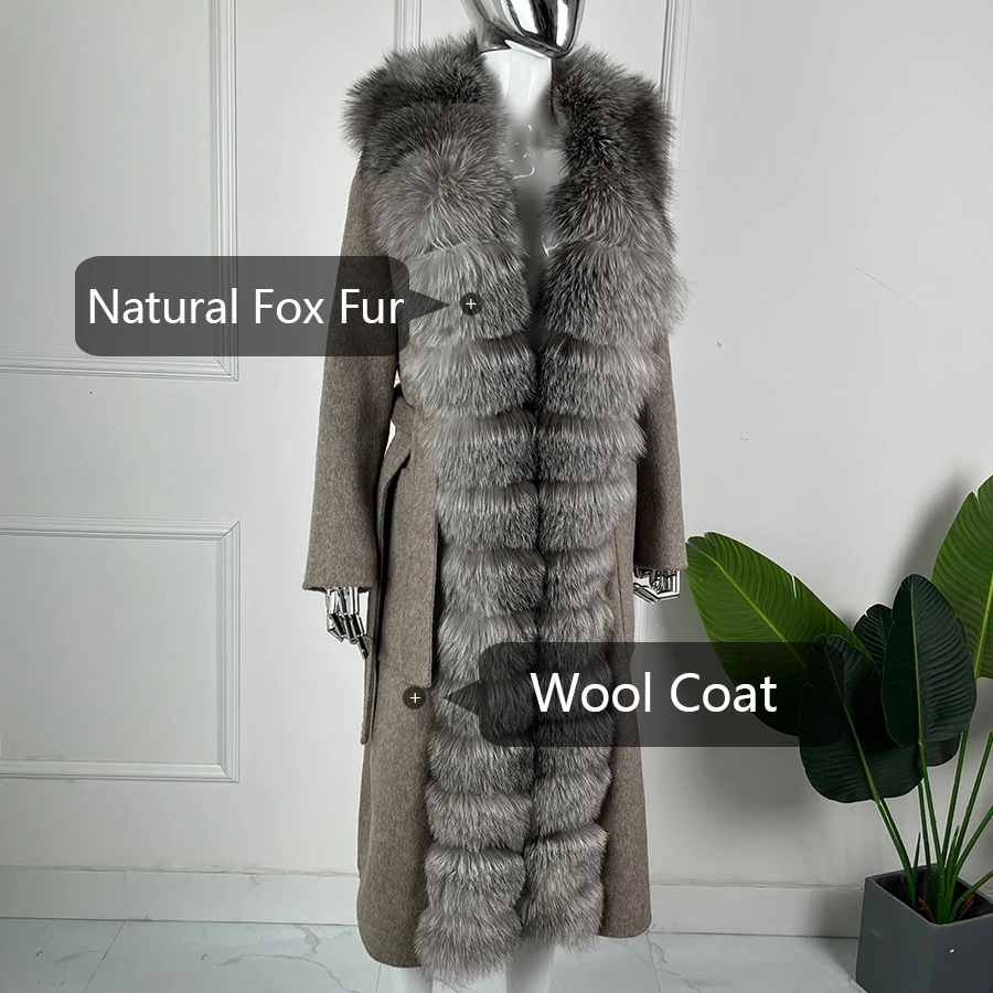 Wełniane płaszcze damskie Długie wełniane kurtki z prawdziwym futrem z lisa srebrnego Zimowy ciepły luksusowy płaszcz kaszmirowy damski