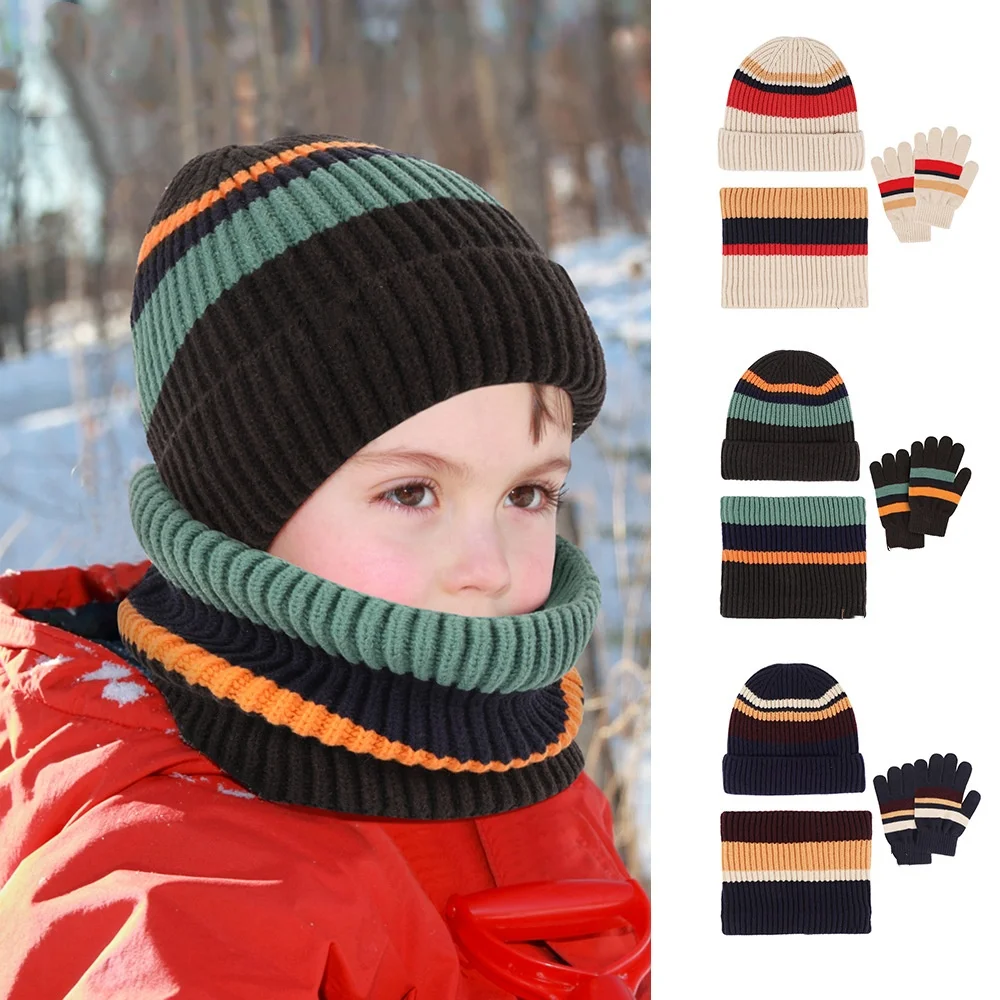 Topi kupluk rajut untuk anak laki-laki perempuan, topi Beanie rajut hangat garis-garis populer, sarung tangan syal panjang 3 dalam 1 Set, topi tengkorak, syal leher, garis bulu untuk anak laki-laki perempuan musim dingin