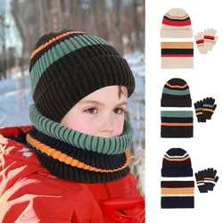 Gorro de punto cálido para niño con rayas populares, bufanda larga, guantes, conjunto 3 en 1, gorros de calavera, bufandas para el cuello, forro polar para niño y niña