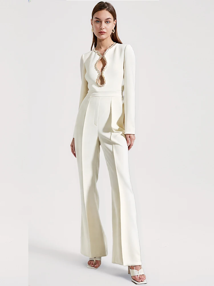 New Designer White Jumpsuit Fashion Heart Shaped Hollow Inlaid Diamond Beaded Long Sleeve Elegance Flare Pants Jumpsuit Women