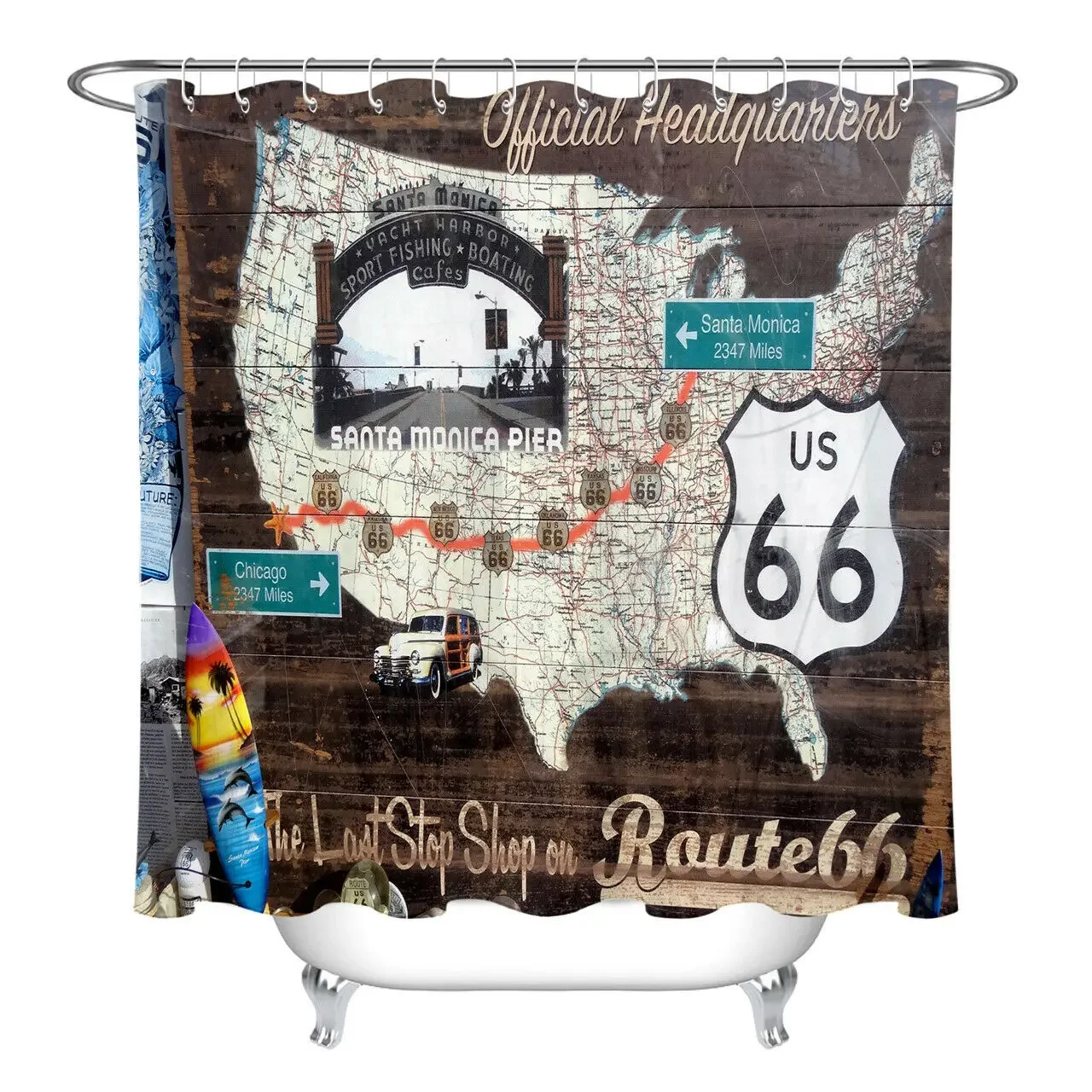 Rustic Wood Board Route 66 Map Waterproof Fabric Shower Curtain Set Bathroom