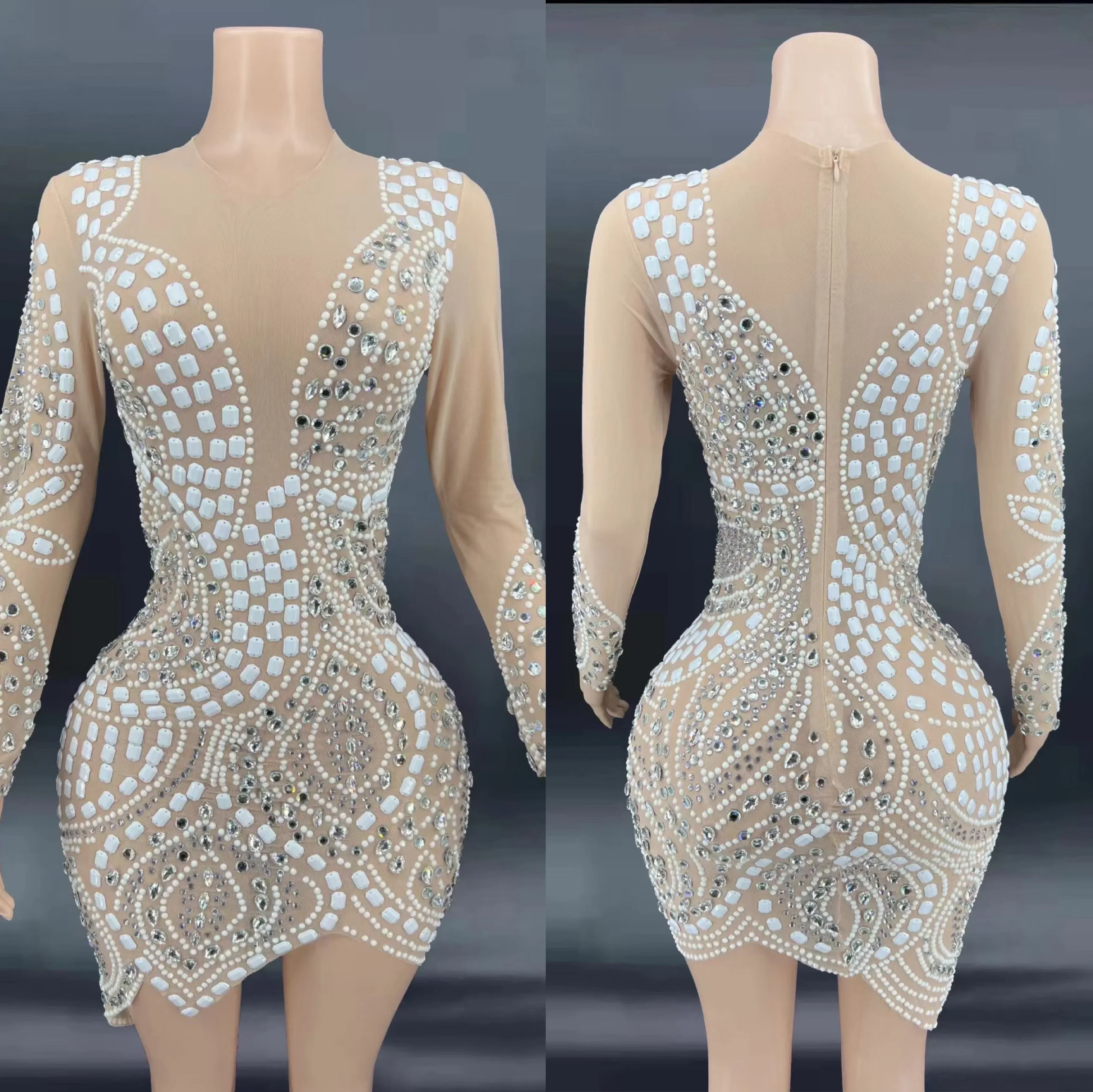 Vestido tubo de manga larga de gasa Sexy con perlas de cristal y diamantes de imitación brillantes desnudos para mujer, ropa para fiesta y Club, disfraz de escenario musical