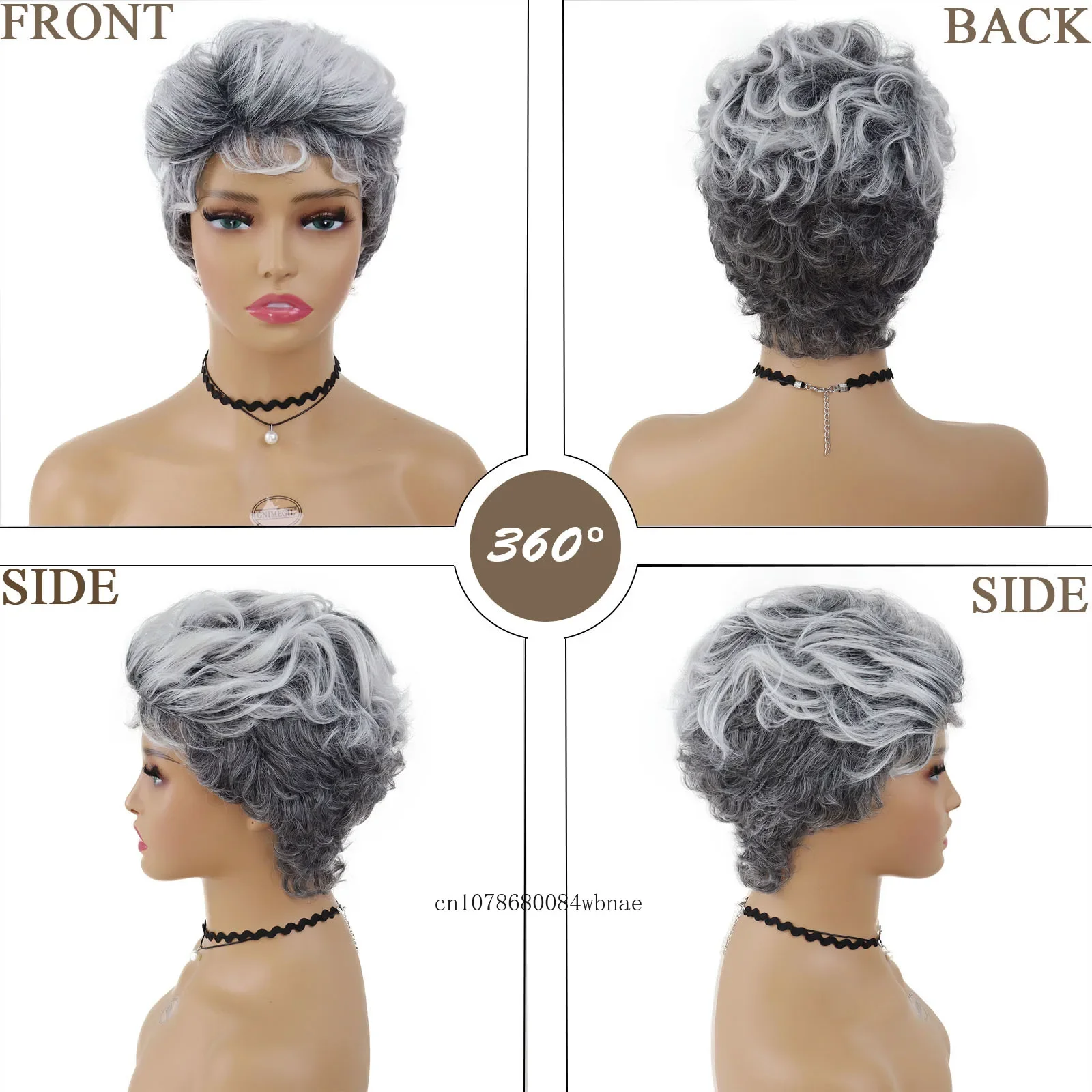 Classic Pixie Cut Hairstyle Synthetic Hair Short Ombre Grey Wig with Bangs Fluffy Curly Wigs for Women Heat Resistant Daily Use