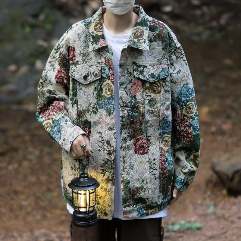 American Retro Floral Cargo Jacket Men Outerwear Hip Hop Streetwear Fashion Flower Print Windbreaker Harajuku Casual Coats Men