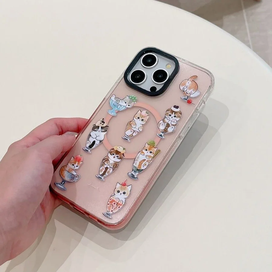 Funda magnética con borde transparente para IPhone, carcasa divertida con dibujo de gato, gradiente rosa, 13, 14, 15 Pro Max, 15 Pro Max