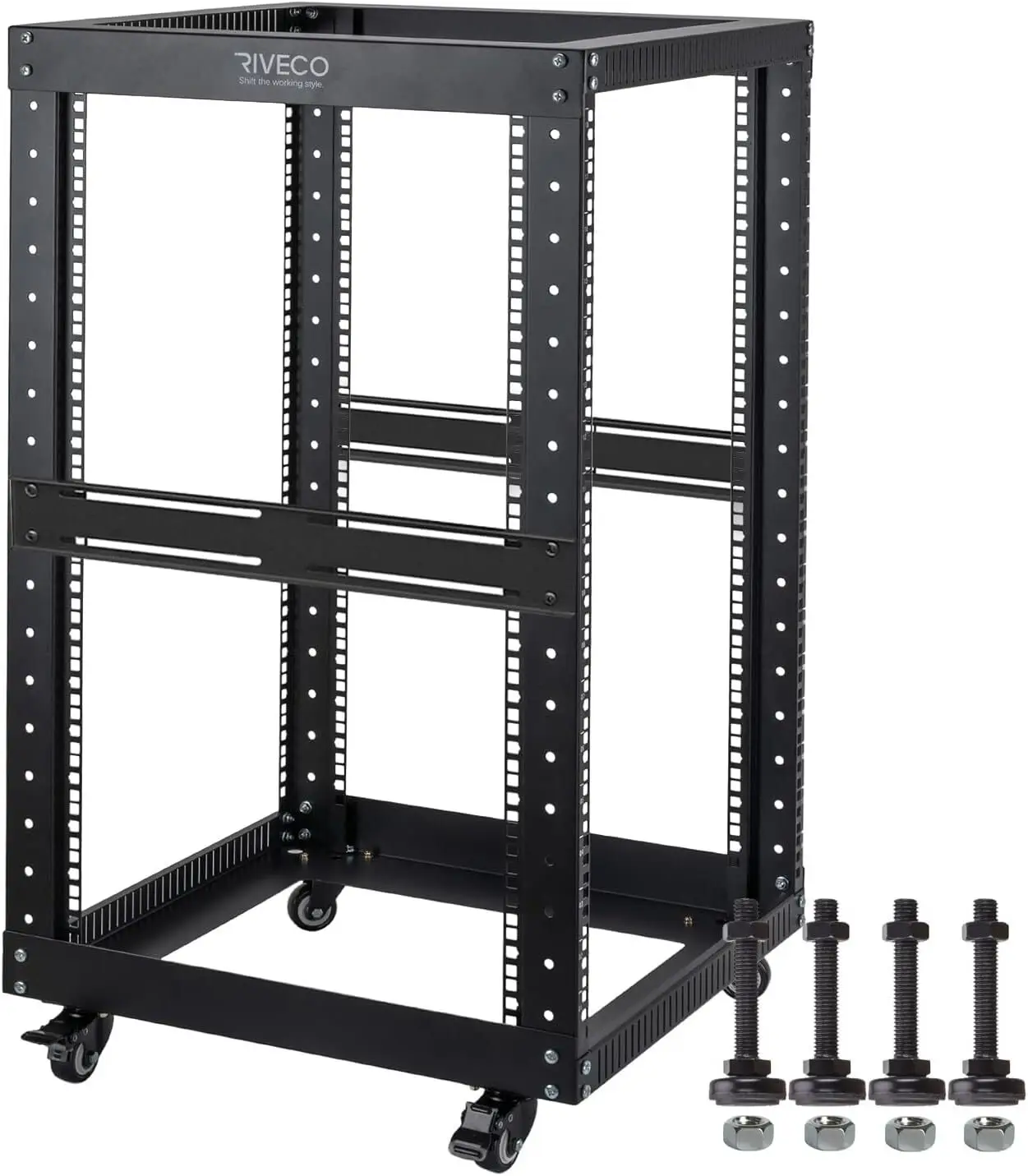 Open Frame Server Rack with Brake Casters- Heavy Duty 4 Post Quick Assembly 19-inch Rack Network Durable Black