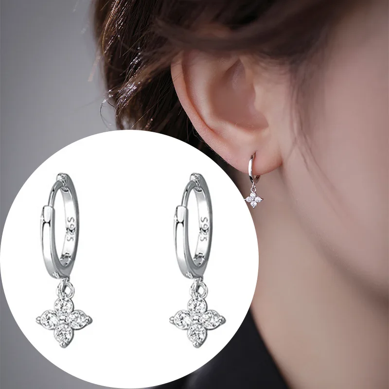 Trendy Four Leaf Flower Zircon Pendant Ear Buckle Hoop Earrings for Women Girl Exquisite Wedding Jewelry Gift