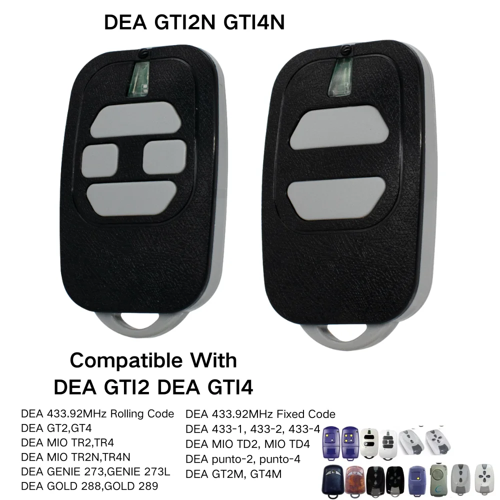 2-Pack DEA GTI2N GTI4N 433.92MHz Garage Door Remote Control 3 Code Types HCS/DIP/D.A.R.T. Keychain Transmitter