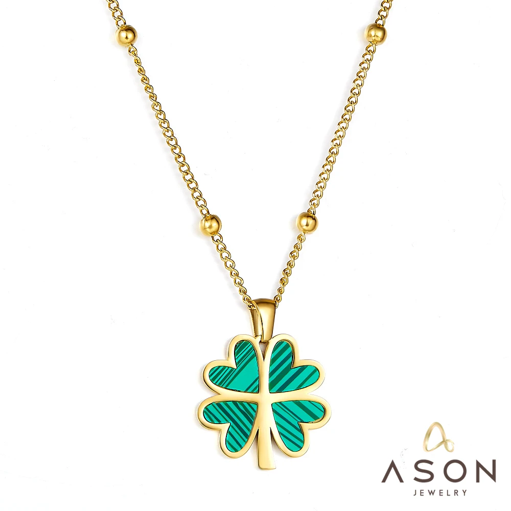 ASONSTEEL Pendant Necklace Green Four-Leaf Clover Charm Trendy Necklace Gold Color Stainless Steel 45+5cm For Women Daily Choker