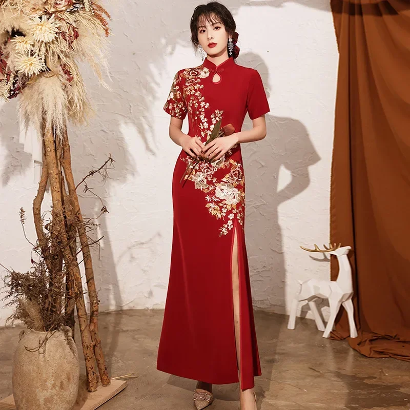 

Chinese Style Lady Qipao Wedding Dress Embroidery Flower Cheongsam Sexy Slim Split Mermaid Evening Party Dress Elegant Vestidos