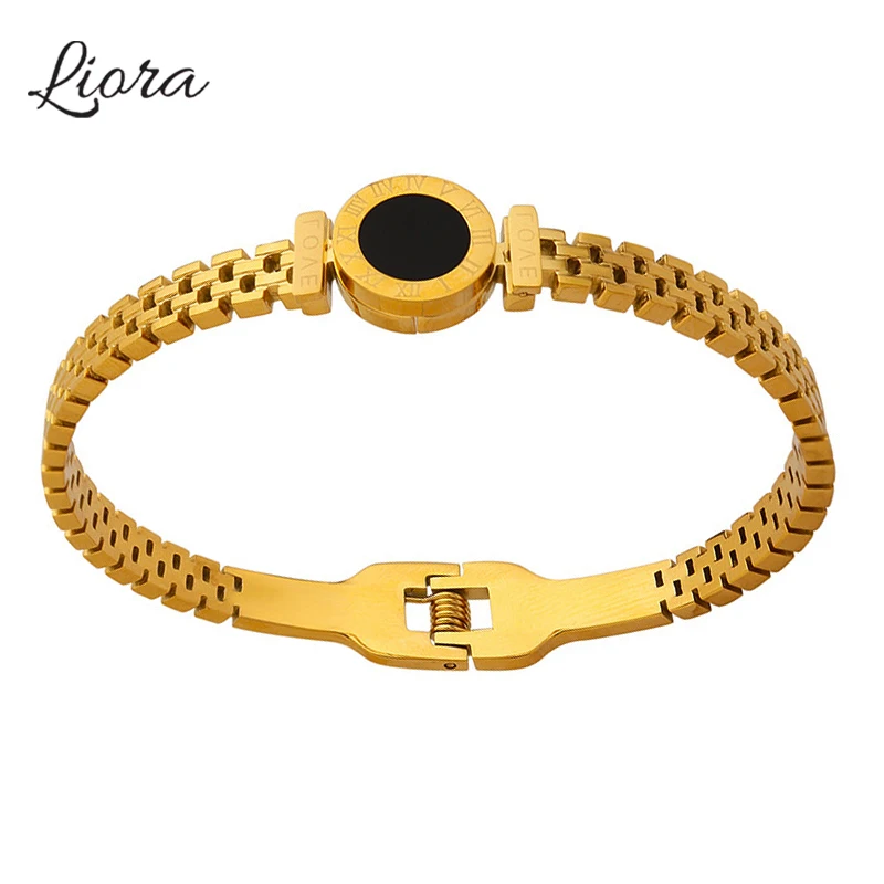 Liora Classic Stainless Steel Round Bangles For Women Black Acrylic Roman Numerals Wristband Women Bracelets Fashion Jewelry