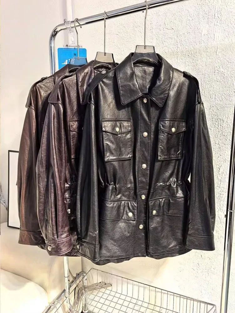 Cappotto giacca a vento medio lungo multitasche da donna Giacca autunnale in vera pelle di pecora Capispalla trench in vita regolabile vestibilità ampia