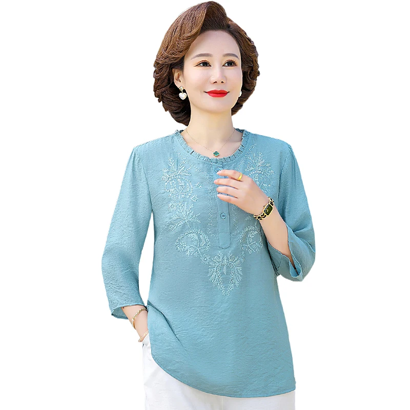 

Embroidery Three-quarter Sleeves Tops Female O Neck Blouse Shirt Middle Aged Mother Loose Solid Casual Blouses Women Summe