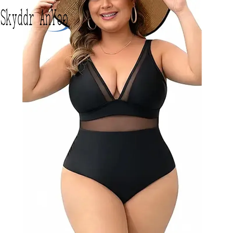 Plus Size One Piece Women's Swimsuit 2025 Sexy V-Neck Mesh Sheer Tummy Control Bathing Suit Push Up Monokini Swimwear