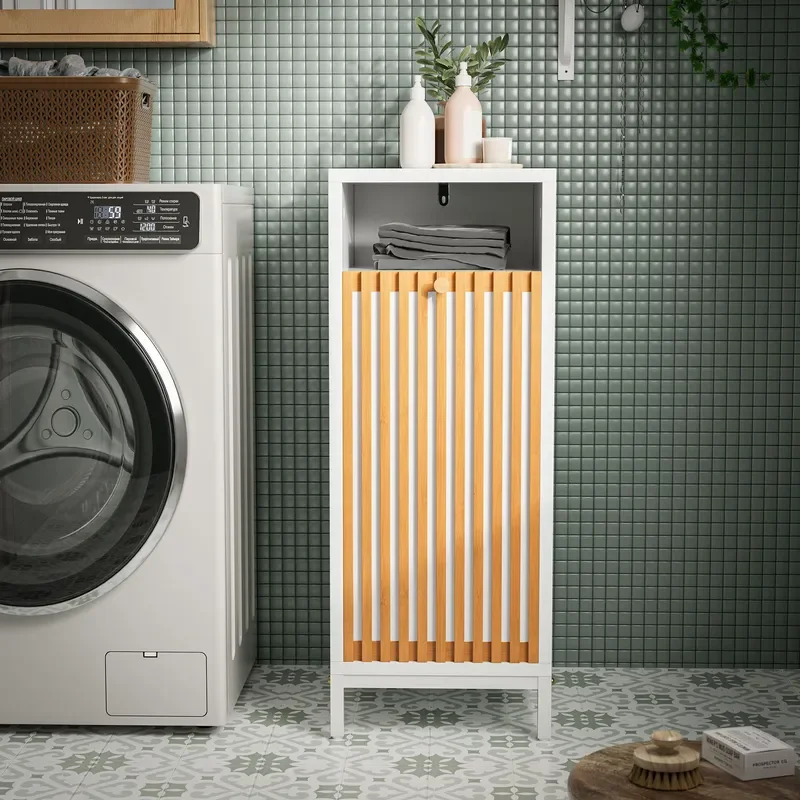 Narrow MDF Bathroom Storage Cabinet with Laundry Basket Modern Floor Standing Locker for Small Apartment Space Saving