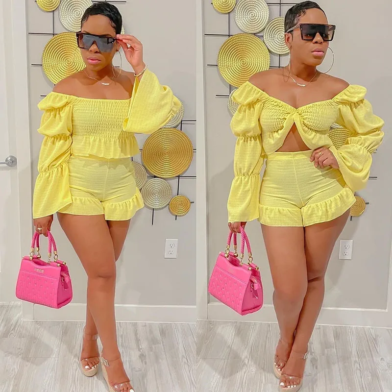 

Doyerl Женские комплекты из двух предметов, одежда для пляжного отдыха, укороченный топ и шорты с пышными рукавами и оборками, одинаковые комплекты