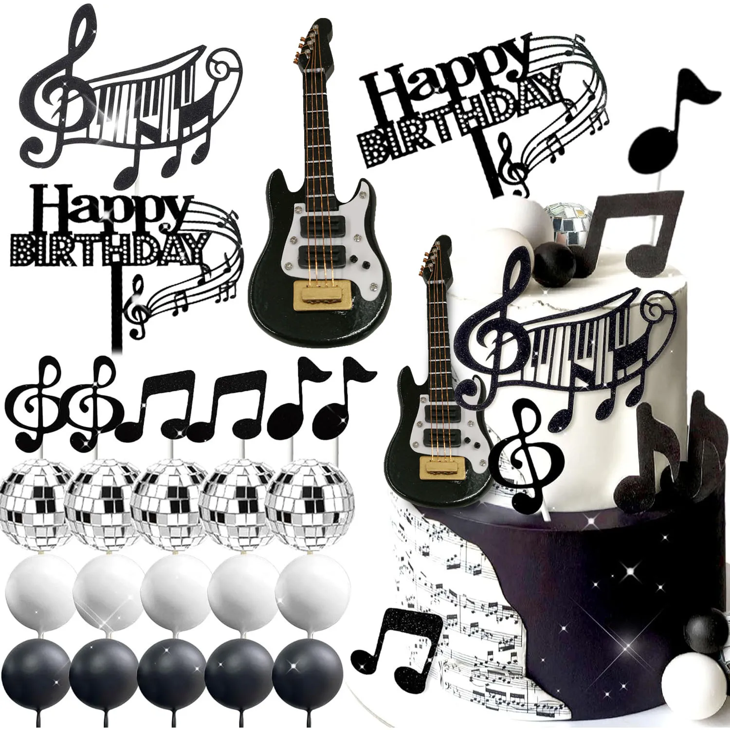 Adorno para tarta con música Rock, adornos para tarta con guitarra, bolas de notas musicales, decoraciones para tarta para músico, fiesta de cumpleaños, Fiesta Temática Rock