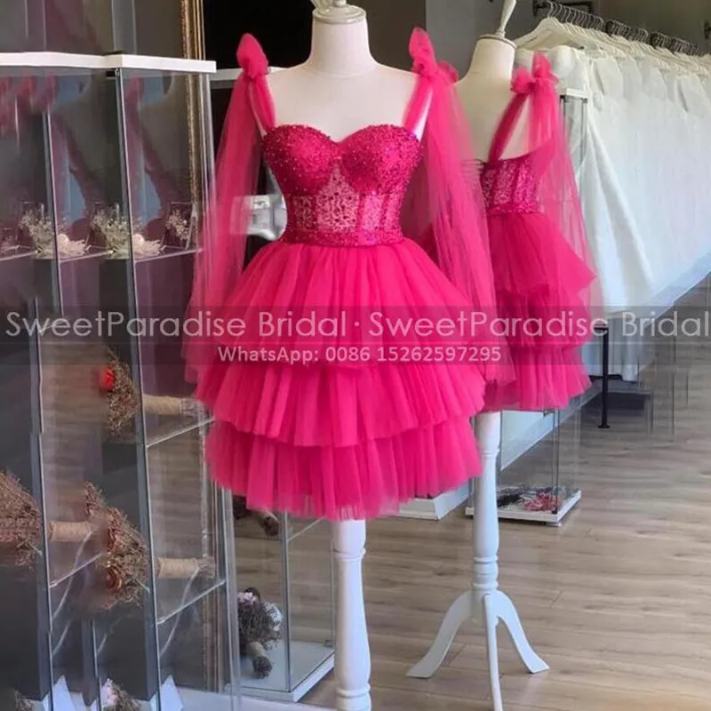 Sequins Short Cocktail Dresses With Bow Spaghetti Straps Tiered A Line Customized Sheer Waist Birthday Party Dress