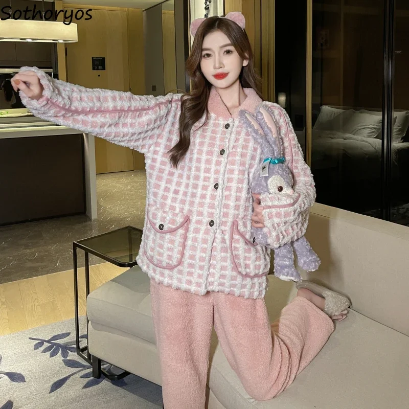 

Зимние пижамные комплекты в клетку, Женская милая бархатная утепленная Домашняя одежда, Женская корейская мода, теплая одежда для сна из 2 предметов, универсальная одежда