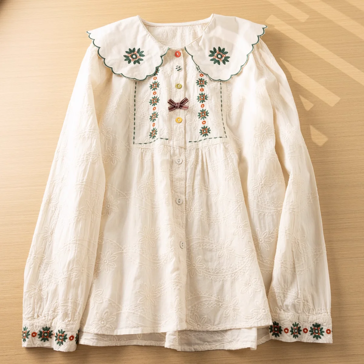 Vintage Embroidery Lolita Denim Shirt Blouses Women Autumn Mori Girl Embroider Long Sleeve Blouse Japanese Kawaii Top