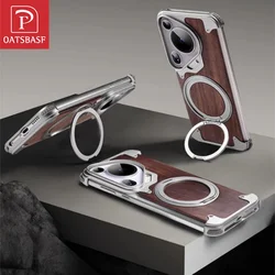 Oatsbasf Phone Case for Huawei Pura 70 Ultra with 360° Rotatable Stand Wooden Metal Frame Shockproof Magnetic Protective Cover