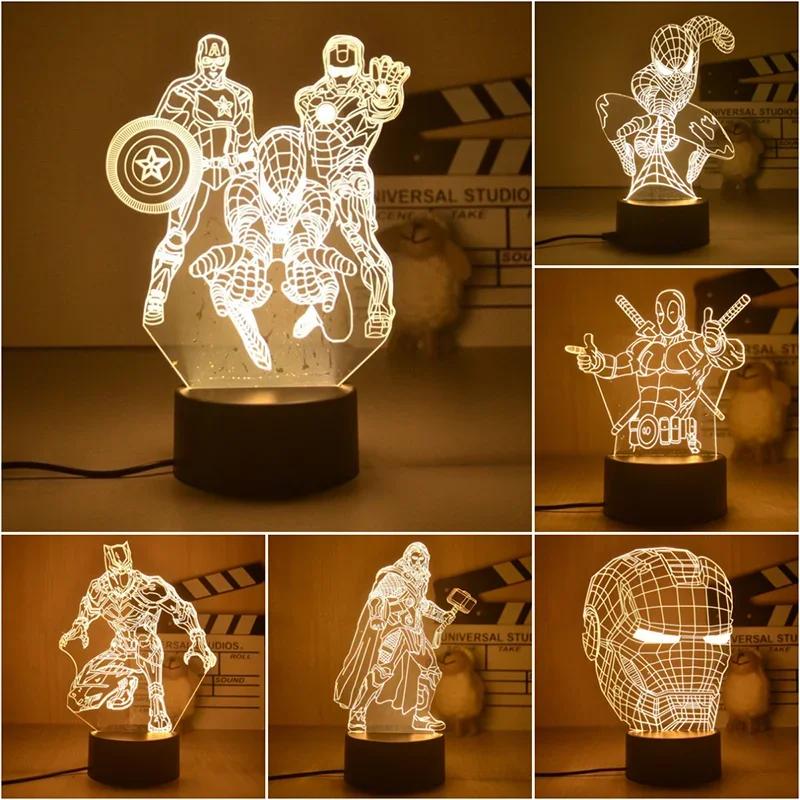 3D Spiderman Ironman Deadpool Thor Hulk Disney Marvel Night Lights Anime Figures The Avengers LED Lamp Decor Boyfriend Gift