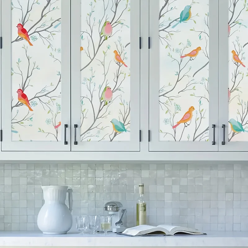 Bird Vine Pattern Privacy Window Film Roll Frosted Static Cling UV Block Heat Block for Home Decor Bathroom Kitchen