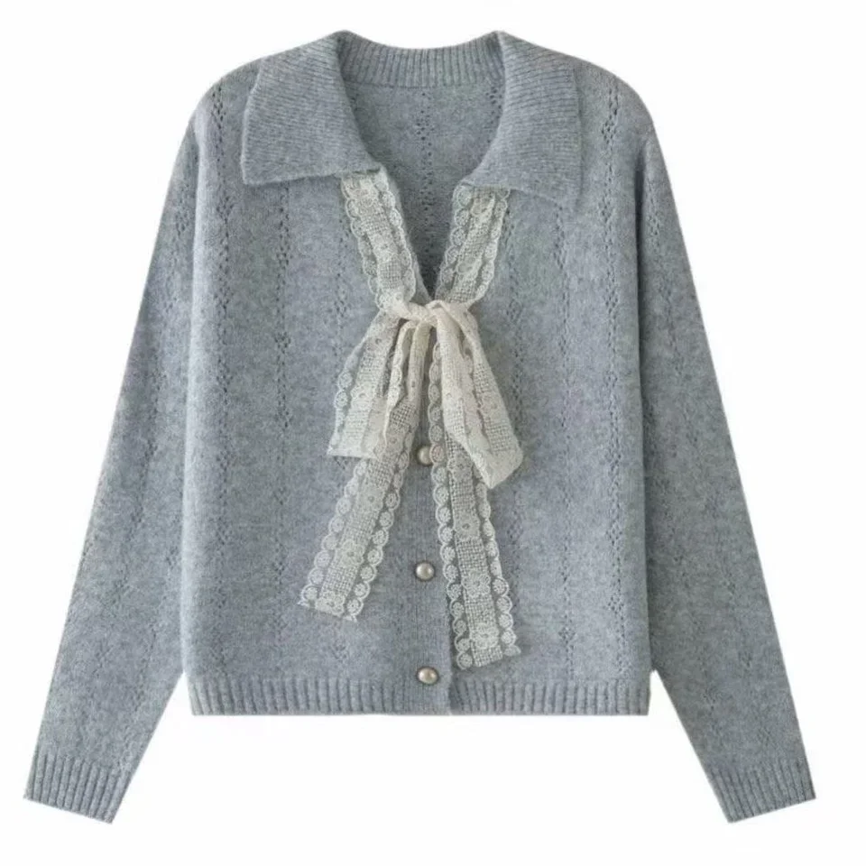

Autumn Winter Lace Tied Sweater Women 2025 New Fashion Sweet Hollow Knitted Cardigan Loose Casual Versatile Long Sleeved Top