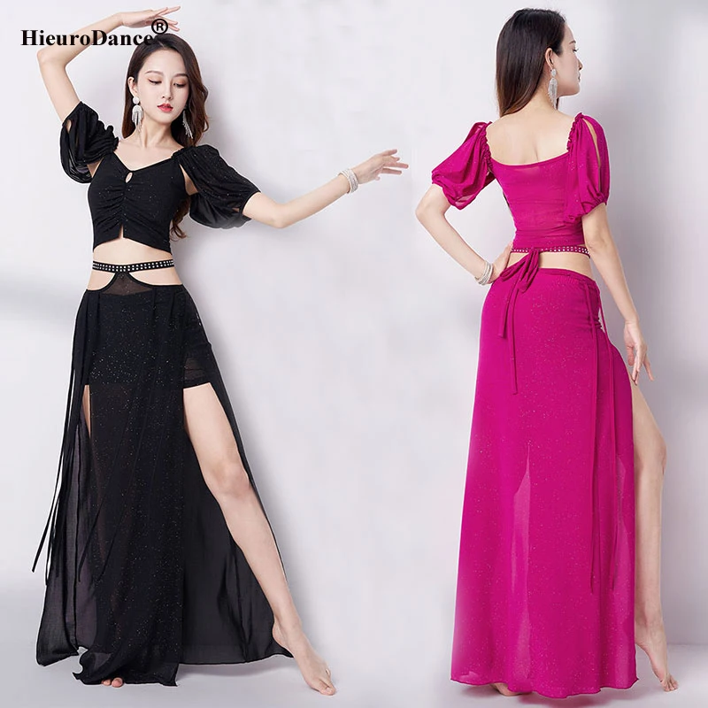 Conjunto de traje de bailarina del vientre para mujer, trajes de danza Oriental, Top + falda larga, traje de entrenamiento de 2 uds., conjunto de actuación de danza del vientre para adultos