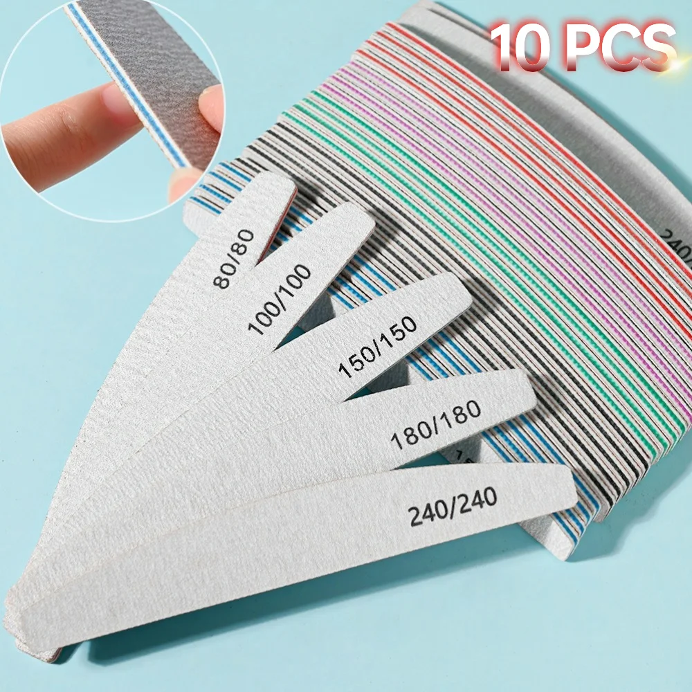 10pcs/Pack Professional Nail File 80/100/150/180/240 Grit Sandpaper Cuticle Remover UV Gel Polishing Buffer Files Manicure Tools