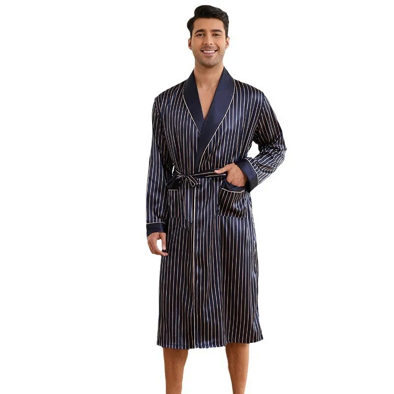 Fashion Robe Men's Stripe Robe Kimono Bathrobe Gown New Long Sleeve Sleepwear Lounge Wear Loose Casual Silky Satin Homewear