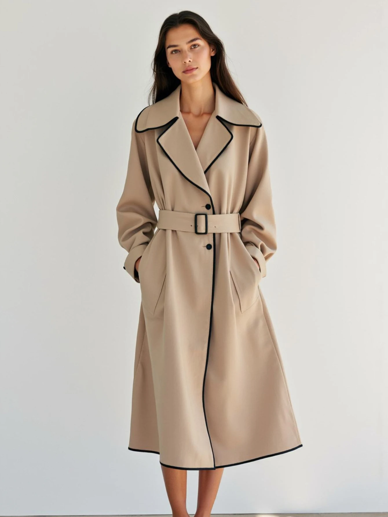 

Женский осенний плащ с длинным рукавом, шаль, воротник, завязка на талии, карманы, базовый стиль