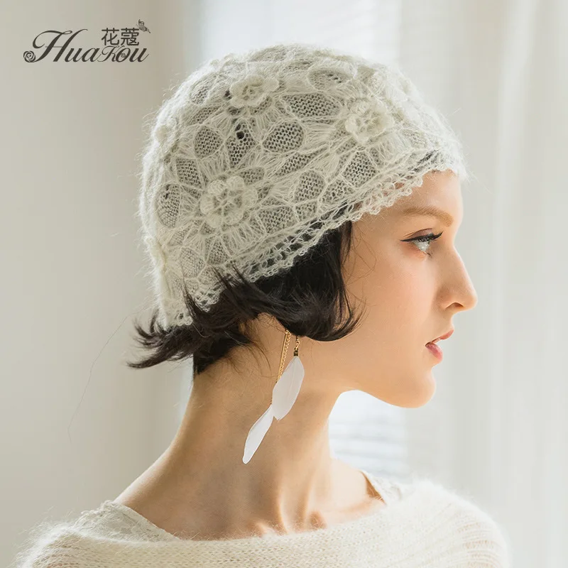 Handmade Retro double-layer women's Warm Hooded Beret Winter Fashion western-style Knit Mohair Fur Thread Hat Sombreros 4m738