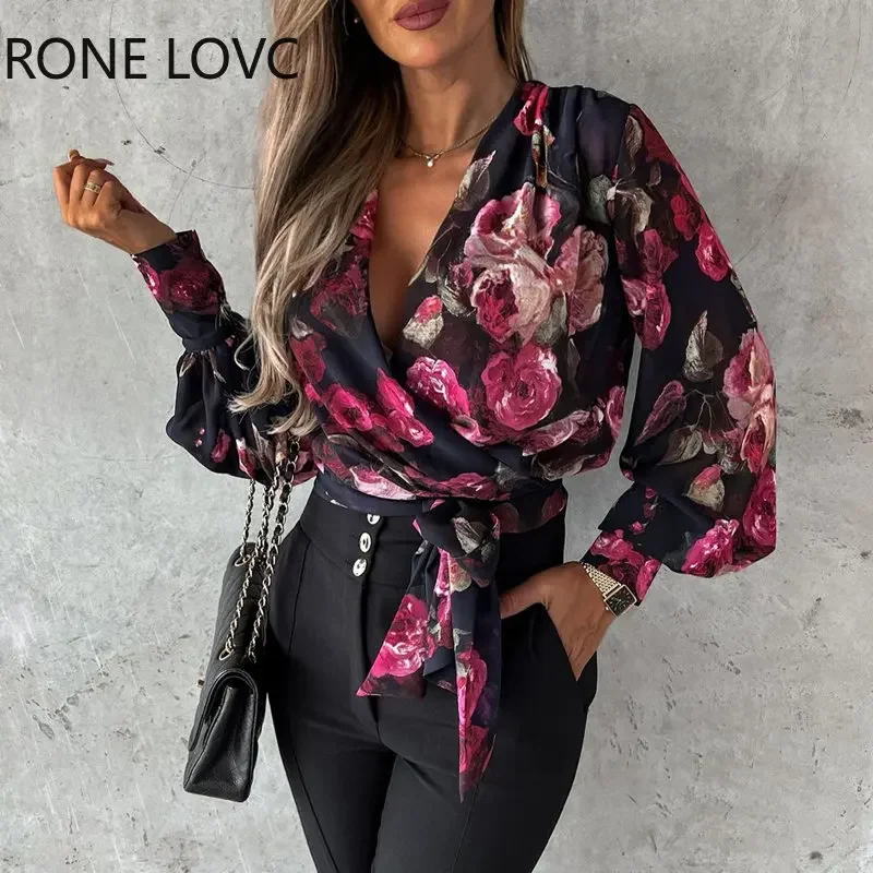 

Women Chic All Over Print Floral Pattern Deep V Neck Lace Up Casual Working Blouses Tops