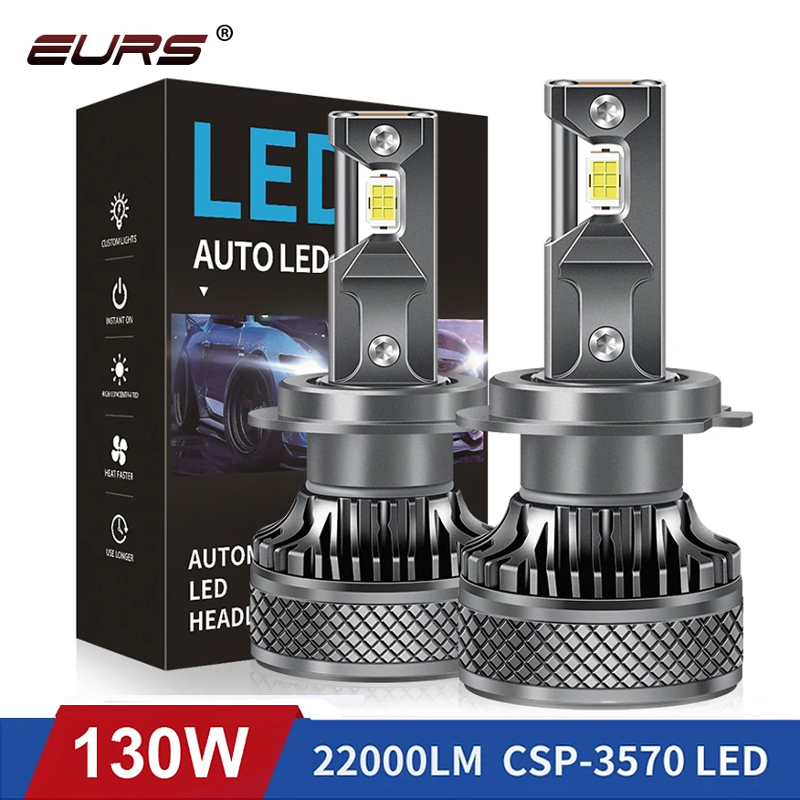 EURS K18 H7 H4 LED Lights Double Copper Upgrade Headlight Bulbs 9005 9006 H1 LED H1 H9 H11 9012 130W 22000LM White Car Headlamp