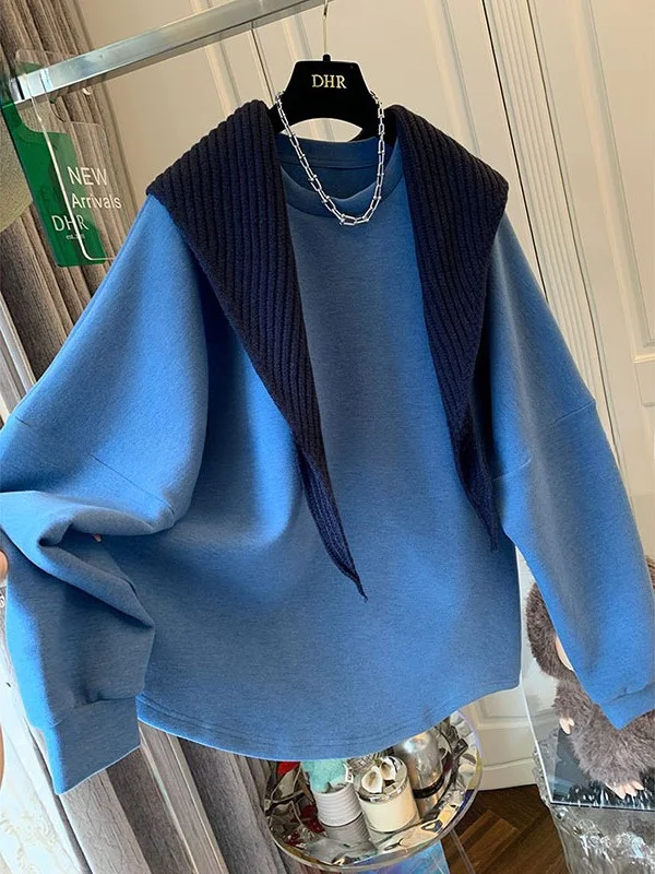 

plus Size Knitted oulder Wrap Fce Lined round Ne Sweatirt Two Piece Set Women's Loose Top Trendy Autumn Winter