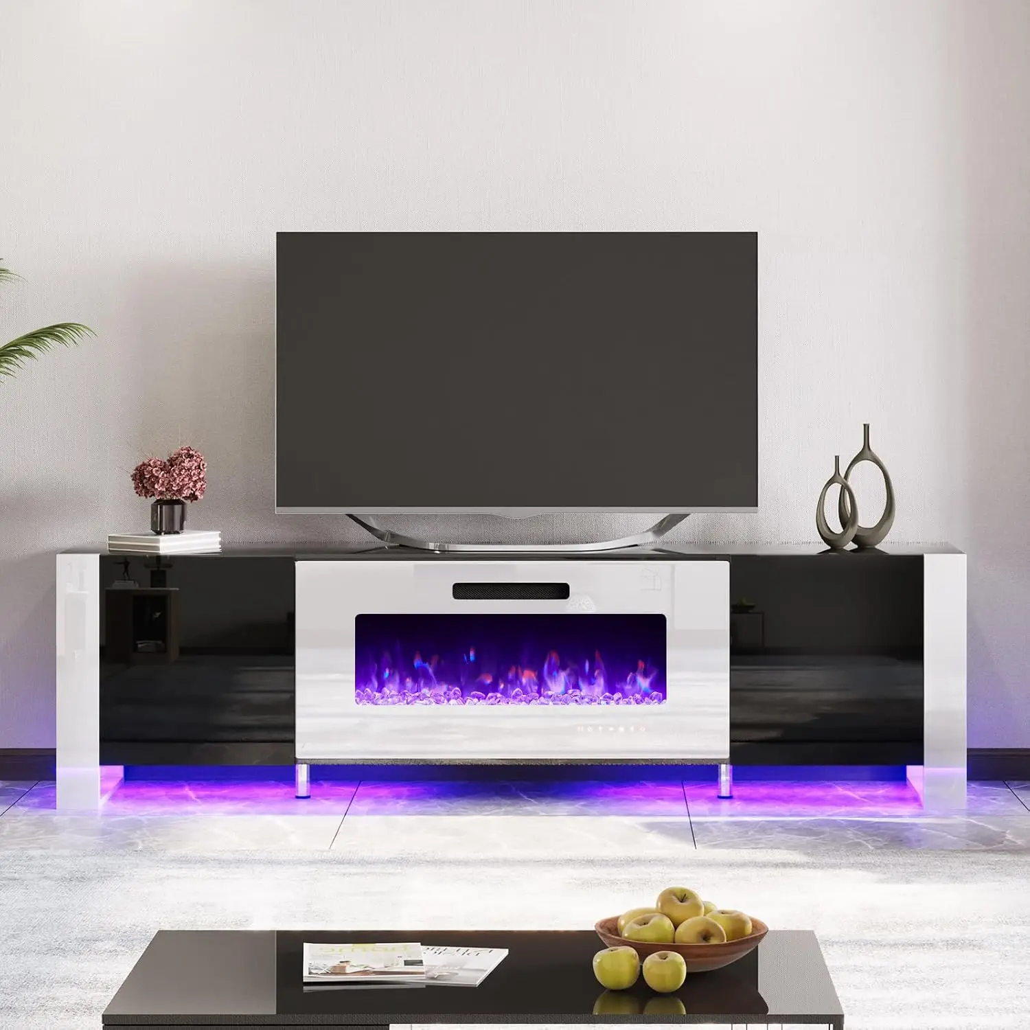 AMERLIFE Supporto TV per caminetto con caminetto da 36", luci LED moderne per centro di intrattenimento lucido da 70", console TV con gambe a forma di U