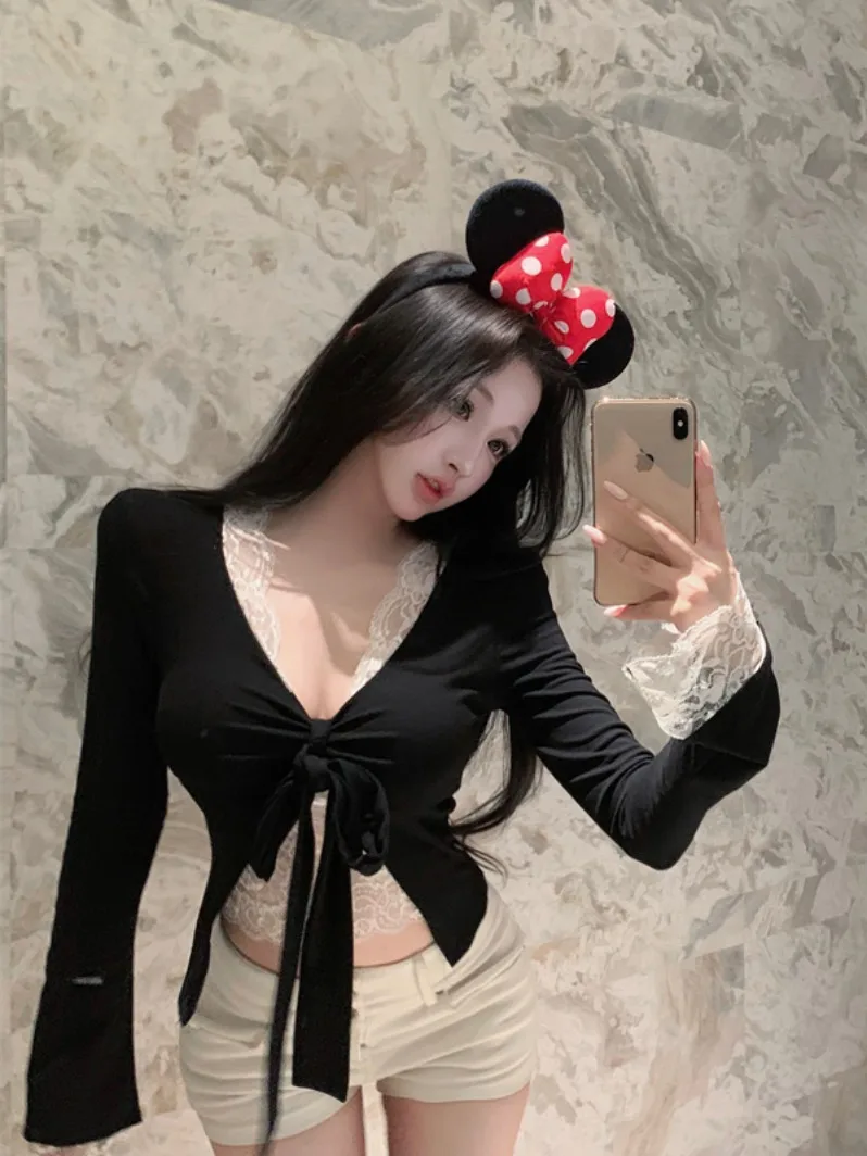 Ele الدانتيل المرقعة طويلة Sve تي شيرت التخسيس طبقة قاعدة المرأة Faion الخريف 2025 Sle لون غير رسمي #3